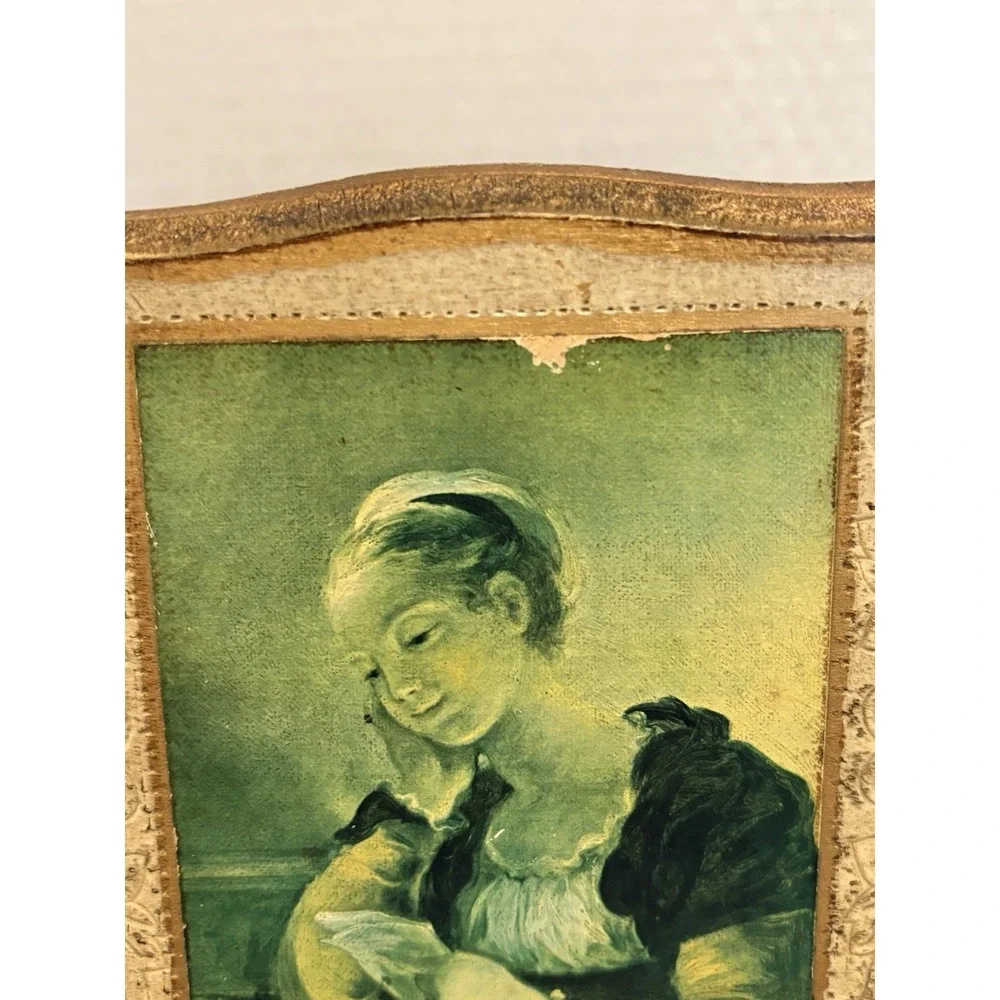Vintage Decorative Wooden Portrait Keepsake Box, Gold Red, Hinged Lid, Trinket.